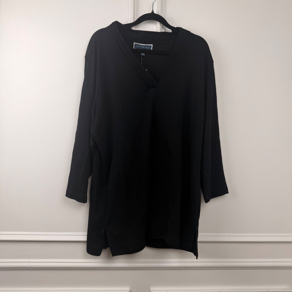 Karen Scott Plus Size 1X Deep Black V-Neck Pleated Long Sleeve Cotton Top NEW‎